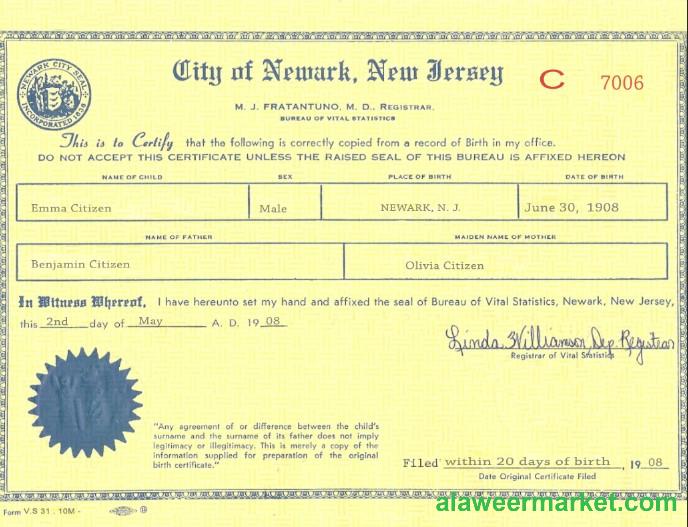 USA New Jersey birth certificate